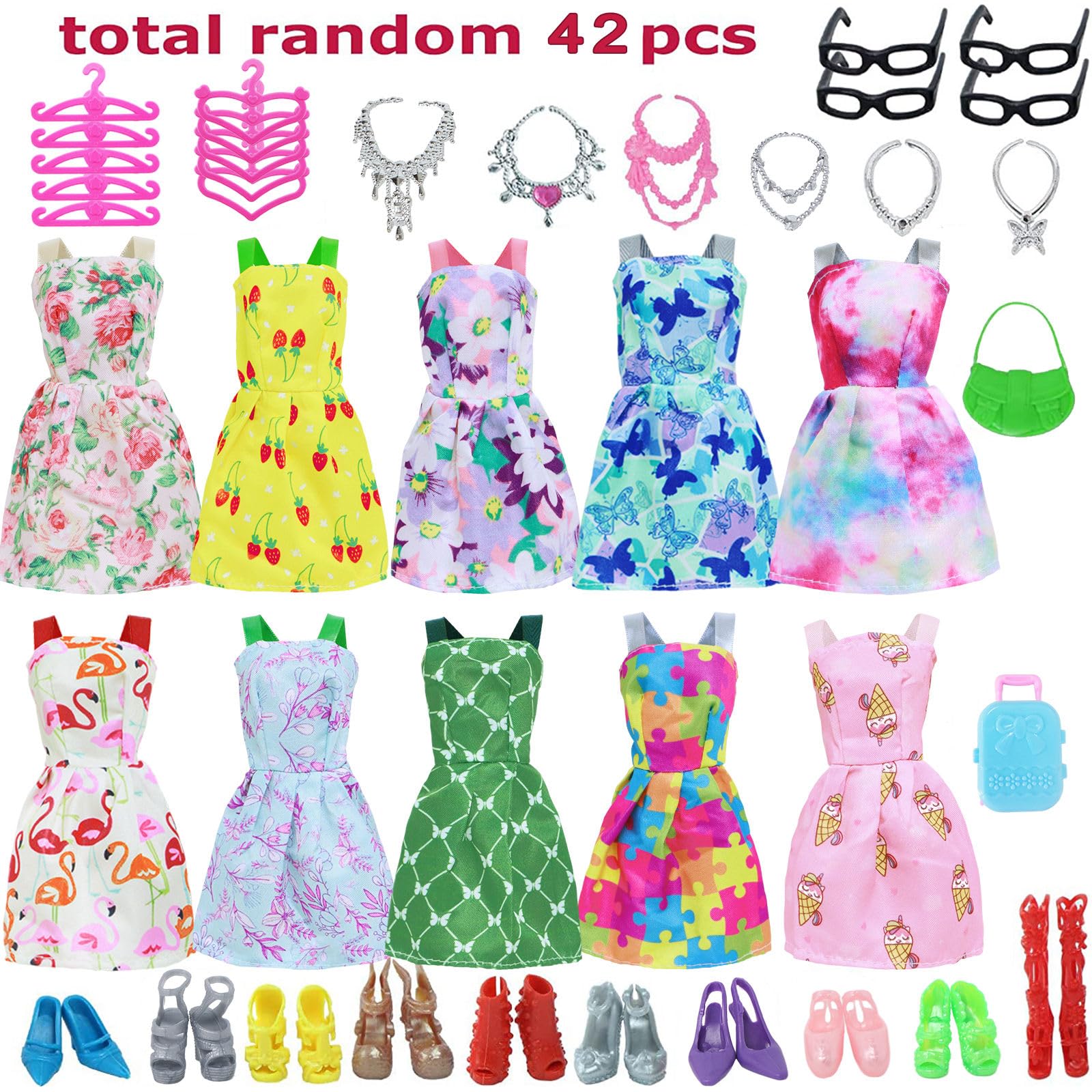 BJDBUS 42 pcs Doll Clothes and Accessories Including 10 pcs Fashion Mini Dresses 32 pcs Shoes, Glasses, Necklaces, Handbag, Hangers Accessories