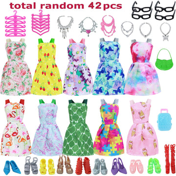 BJDBUS 42 pcs Doll Clothes and Accessories Including 10 pcs Fashion Mini Dresses 32 pcs Shoes, Glasses, Necklaces, Handbag, Hangers Accessories