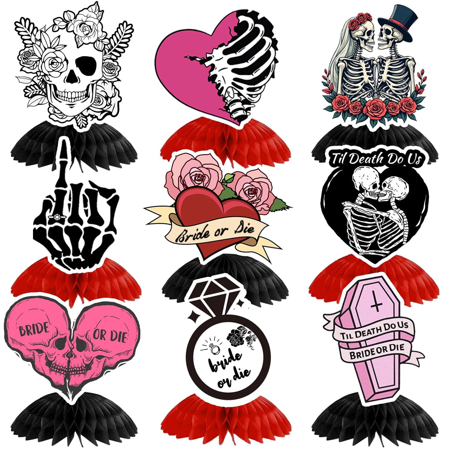9Pcs Till Death Do Us Honeycomb Centerpieces, Bride or Die Halloween Bachelorette Party Decorations, Rip Single Life Centerpieces for Till Death Do Us