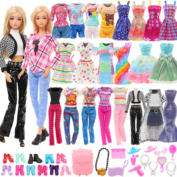 Barwa Lot 36 Items 3 Fashion Dresses 3 Casual Tops and Pants Outfits 6 Pcs Mini Dresses with 1 Bags 10 Shoes, 13 Accessories for 11.5 Inch Girl Doll