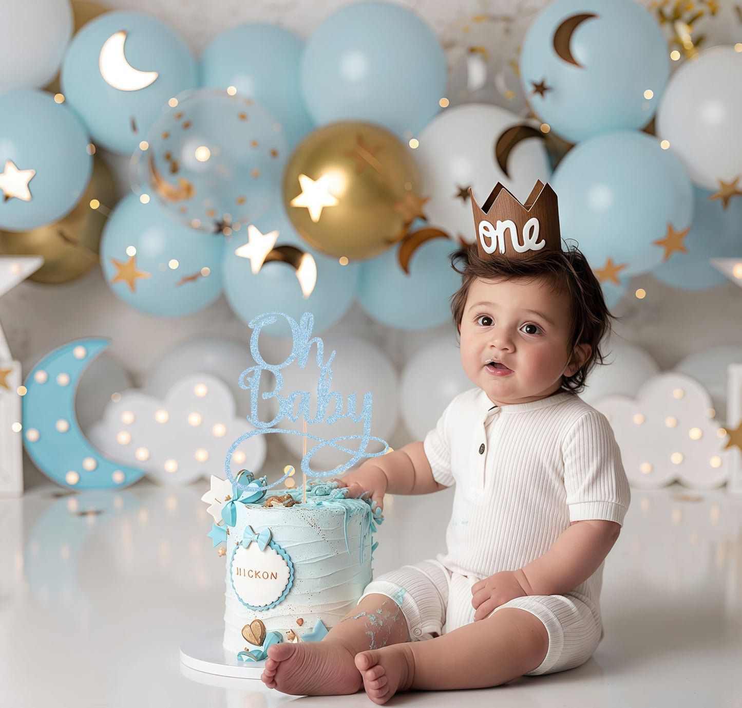 AHAORAY Oh Baby Cake Topper - Light Blue Glitter Baby Birthday Party Cake Decoration Supplies, for Baby Shower/Gender Reveal Party Photo Booth Props