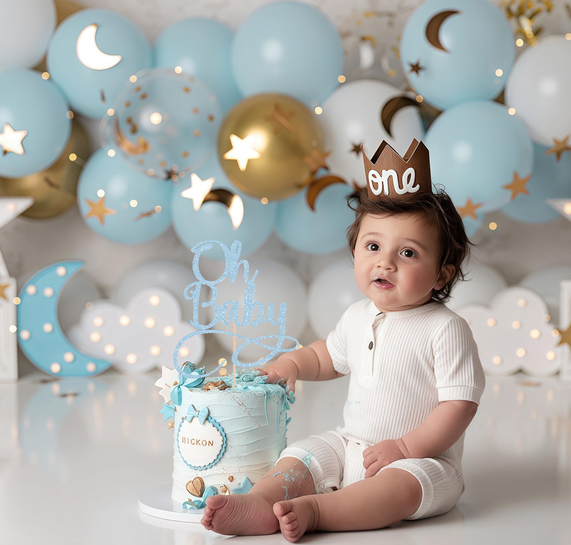 AHAORAY Oh Baby Cake Topper - Light Blue Glitter Baby Birthday Party Cake Decoration Supplies, for Baby Shower/Gender Reveal Party Photo Booth Props