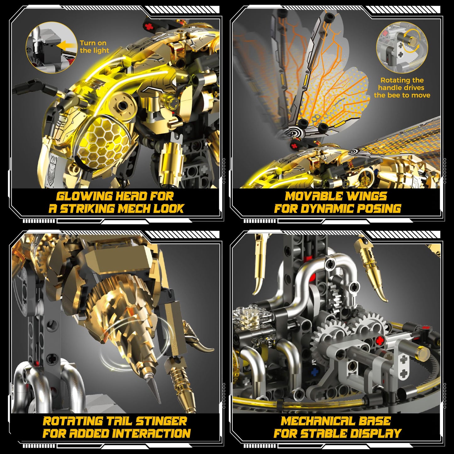 Driveplexpro Mechanical Bee Building Blocks Kit for Adult, Technic Bee Buildings Set for Adults with LED Light & Display Stand, Robot Animal Building
