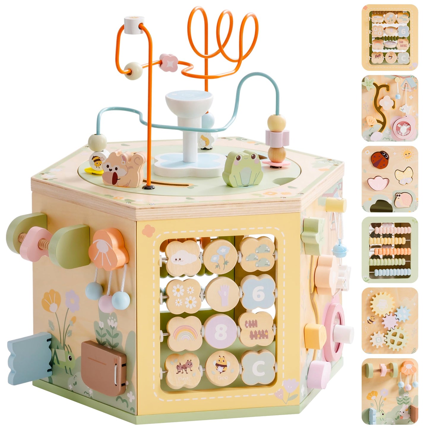 ROBOTIME Wooden Activity Cube for Toddlers, 13 in 1 Montessori Baby Activity Cube, Baby Play Cube Toy with Educational Features, Gift Wooden Cube Toy