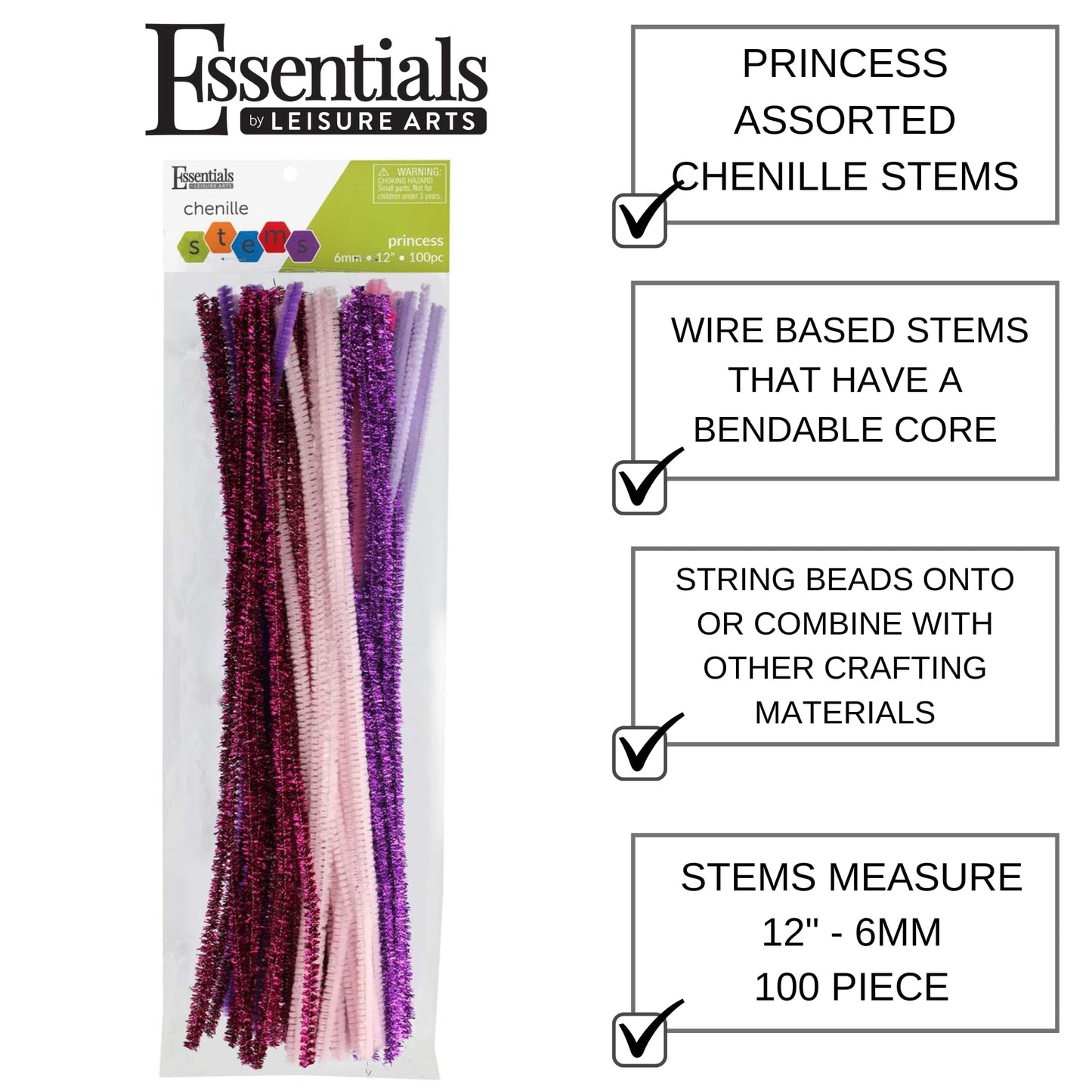 Essentials By Leisure Arts Princess Assorted Chenille Stems 12 Inch 6mm, Bendable Craft Pipe Cleaners in Pink and Purple Shades for DIY Projects, 100