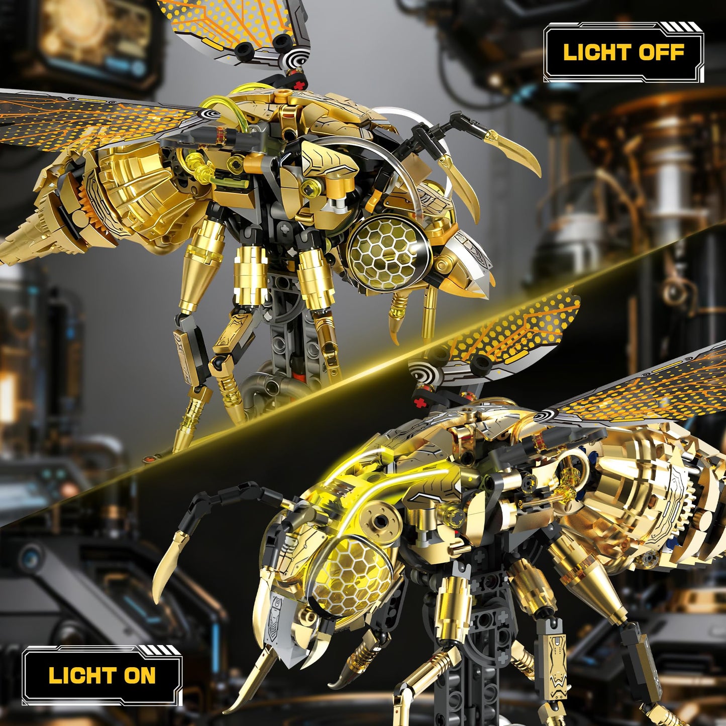OrbBlaster Mechanical Bee Building Set for Adults, Technic Animal Building Block Insect Model with Lights & Moving Wings, Golden Robot Bee Collectible