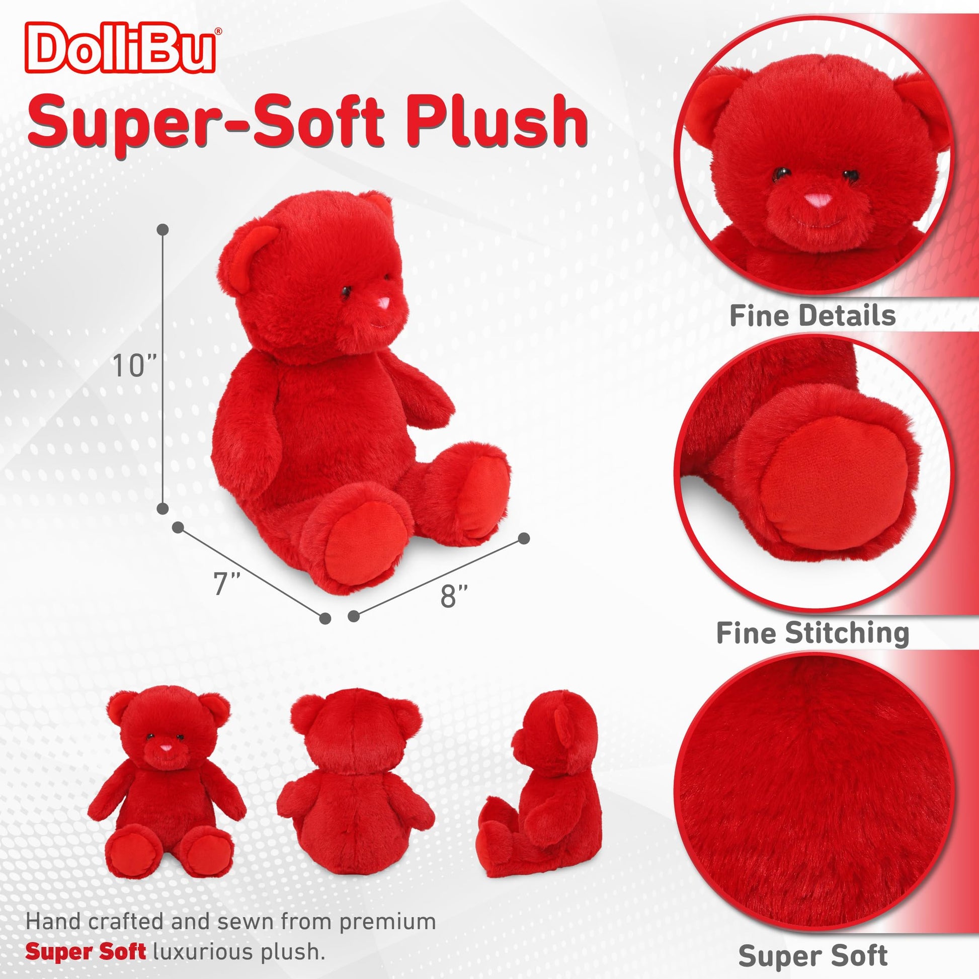 DolliBu Red Bear Stuffed Animal - Super Soft Huggable Red Wild Animal Bear Plush Toy Gift for Kids and Adults - 10 Inches