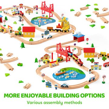 110PCS Wooden Train Set - Toy Magnetic Trains with Wooden Track Set for Kids Ages 3-8, City Scene Railway Set, Perfect Easter Birthday Gift