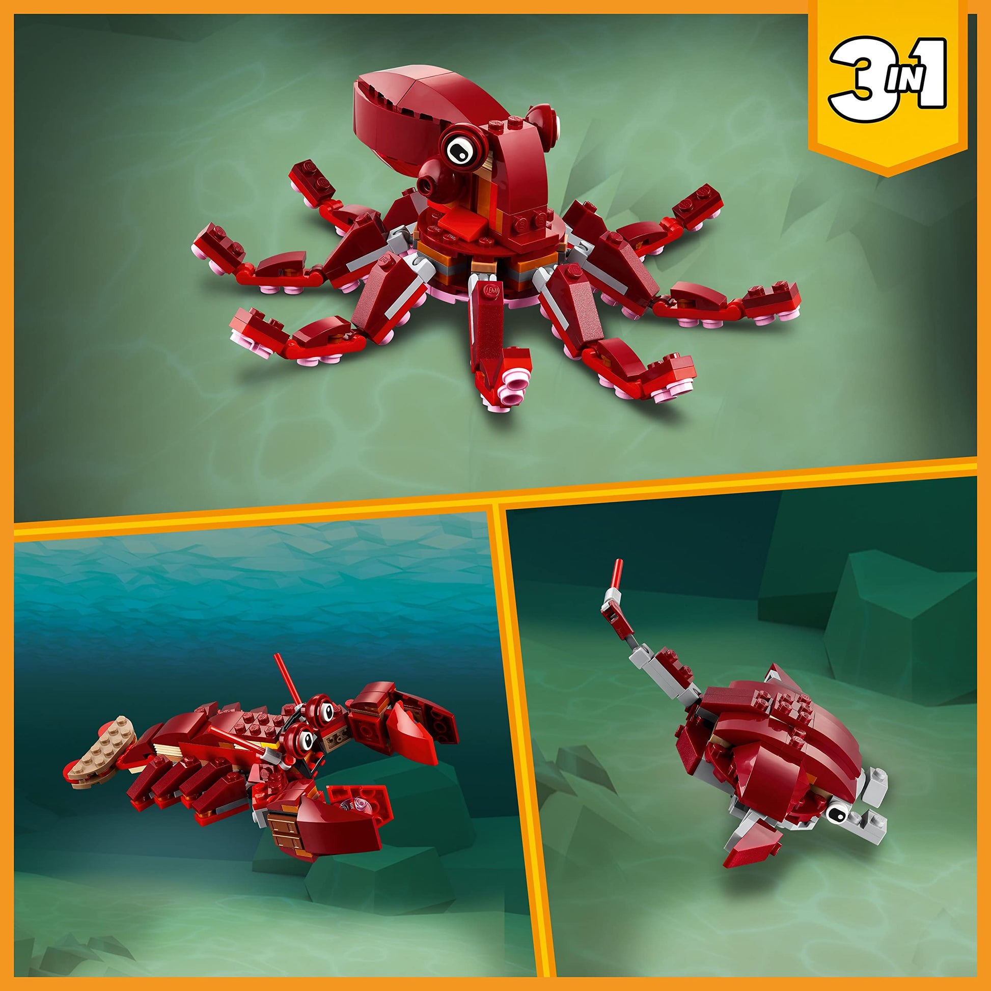 LEGO Creator 3 in 1 Sunken Treasure Mission Submarine Toy, Underwater Creatures Transform from Octopus tp Lobster to Manta Ray, Fun Sea Animal