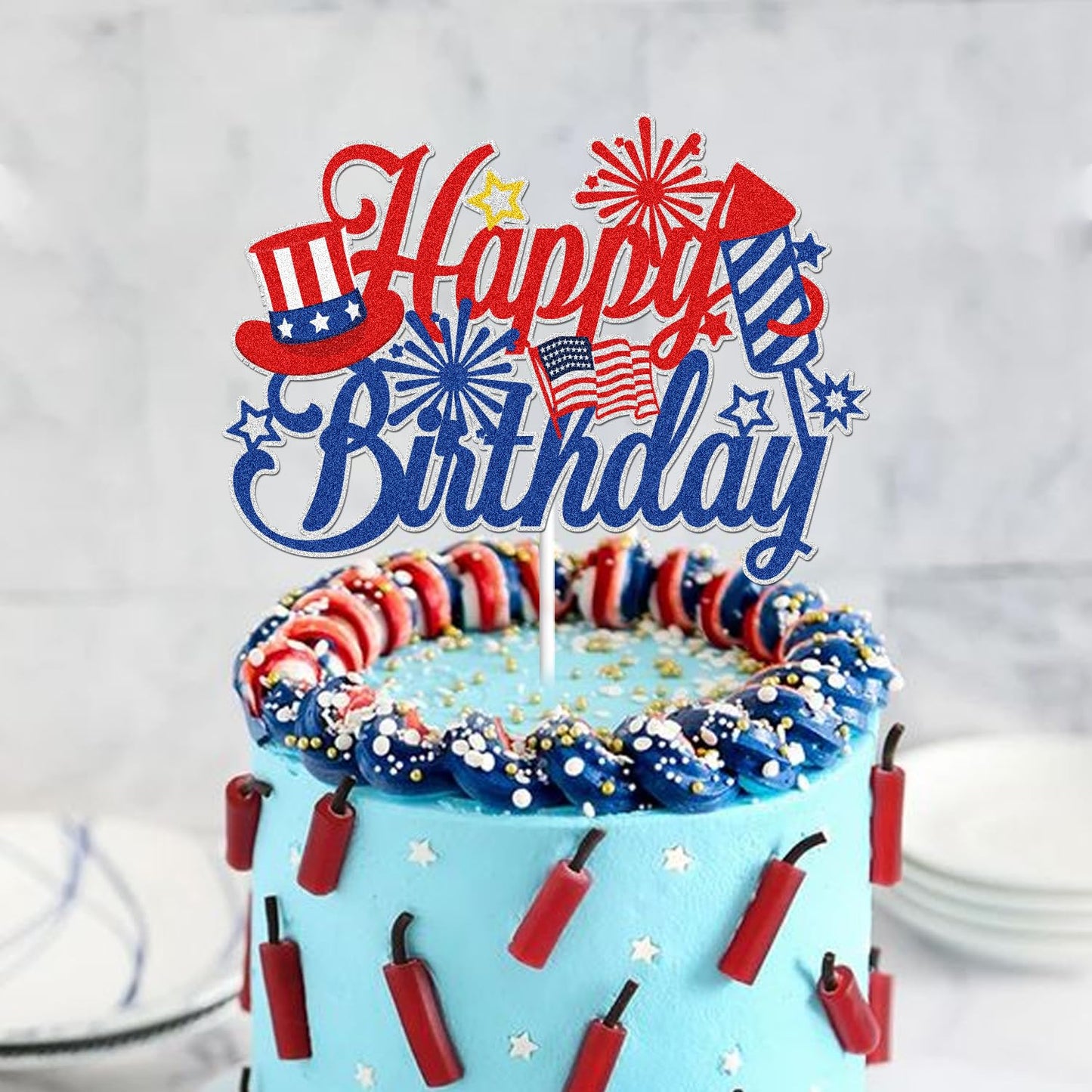 Happy Birthday 4th of July Cake Topper America USA Patriotic Birthday Party Decorations Red and Blue Glitter Firework Independence Day For American