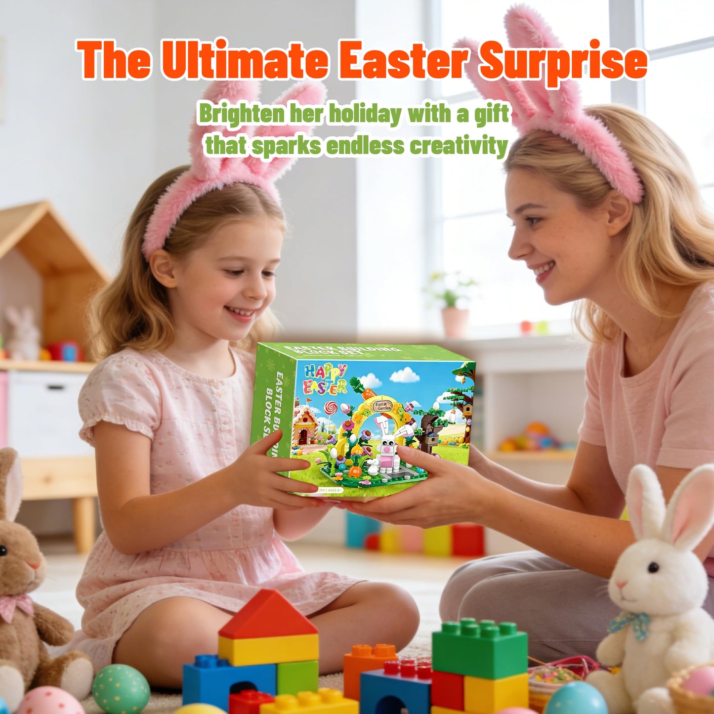 Easter Bunny Garden Building Set, 294 PCS Easter Basket Stuffers for Kids, Creative Flower House with Colorful Eggs & Carrot, STEM Spring Holiday Toys
