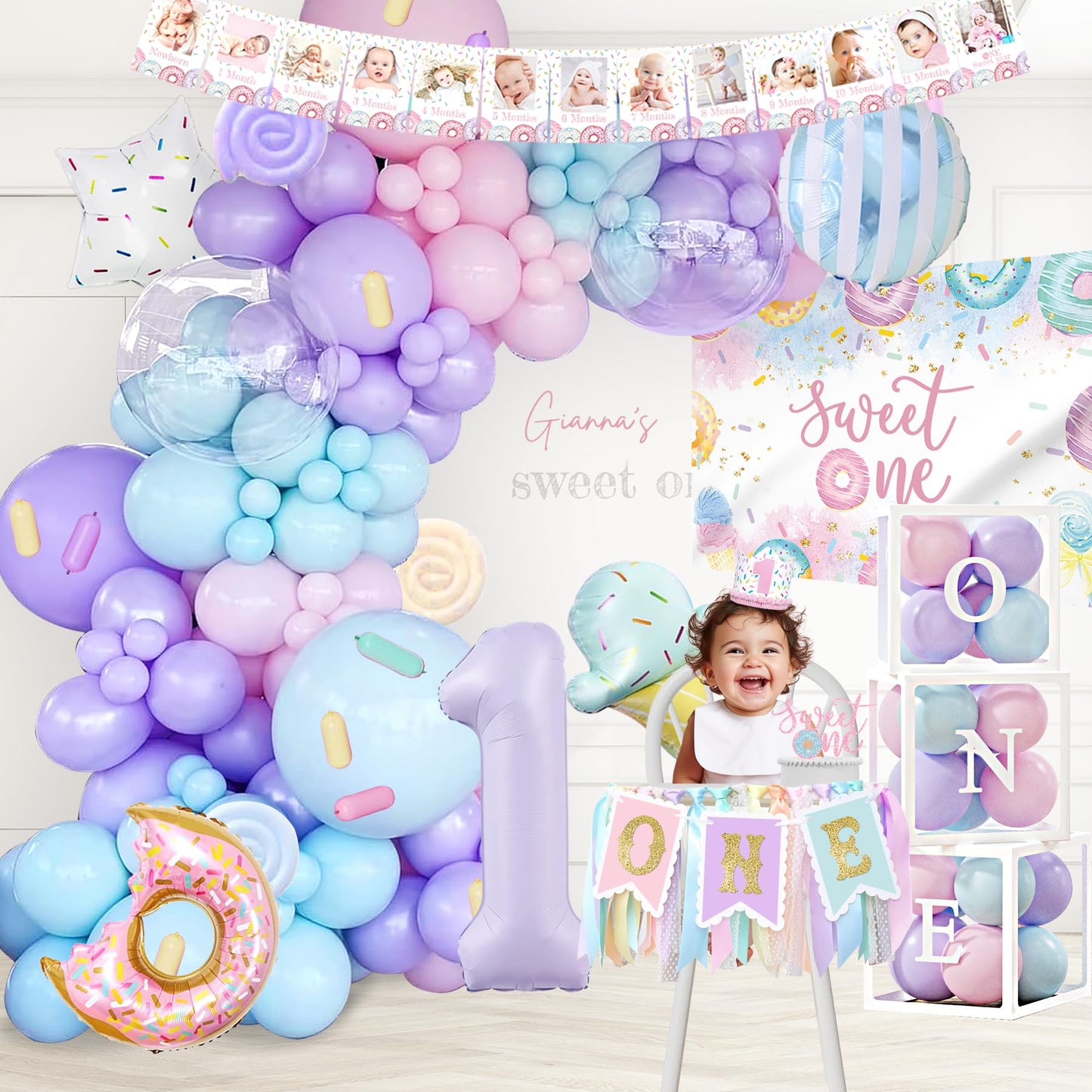 1st Birthday Decorations for Girl, 145pcs Sweet One Birthday Party Decorations Supplies, Donut 1st Birthday- Decoration Girl, Ice Cream Candy First