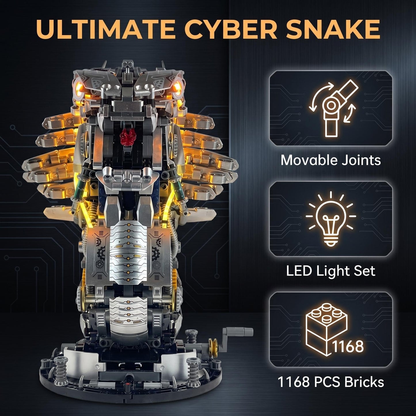 Mechanical Cobra Building Block Set, Compatible with LEGO for Adults, Steampunk Snake Animal Model, Collection Toy with Movable Head, Display Stand