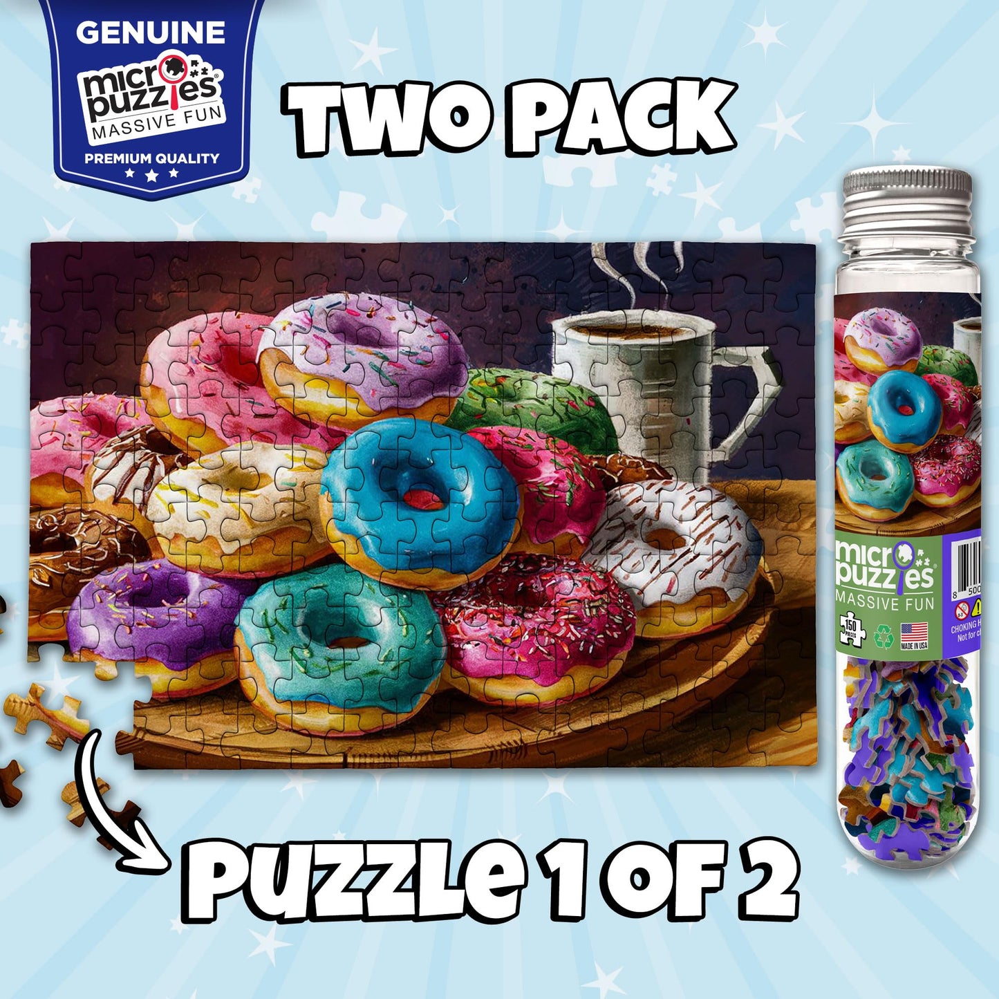 MicroPuzzles “Coffee & Donuts” Mini Jigsaw Puzzle 2-Pack - 150-Piece Café Treat Pocket 4×6 in Puzzle Gift | Made in USA | Small Business