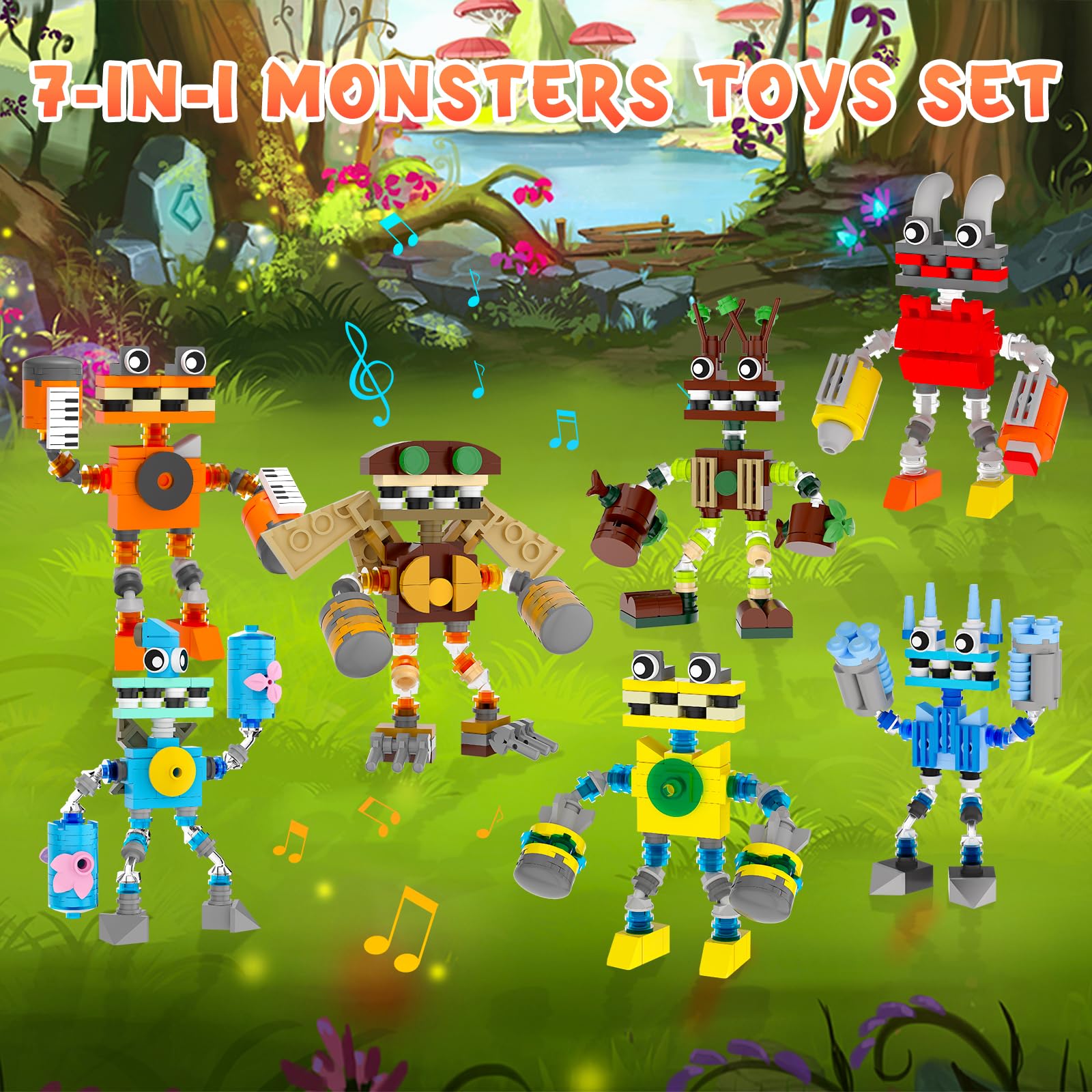 7-in-1 Singing Monsters Building Blocks, 7 Packs My Music Game Monster Friends Building Set, Game Action Figure Building Toys for Boys and Girls