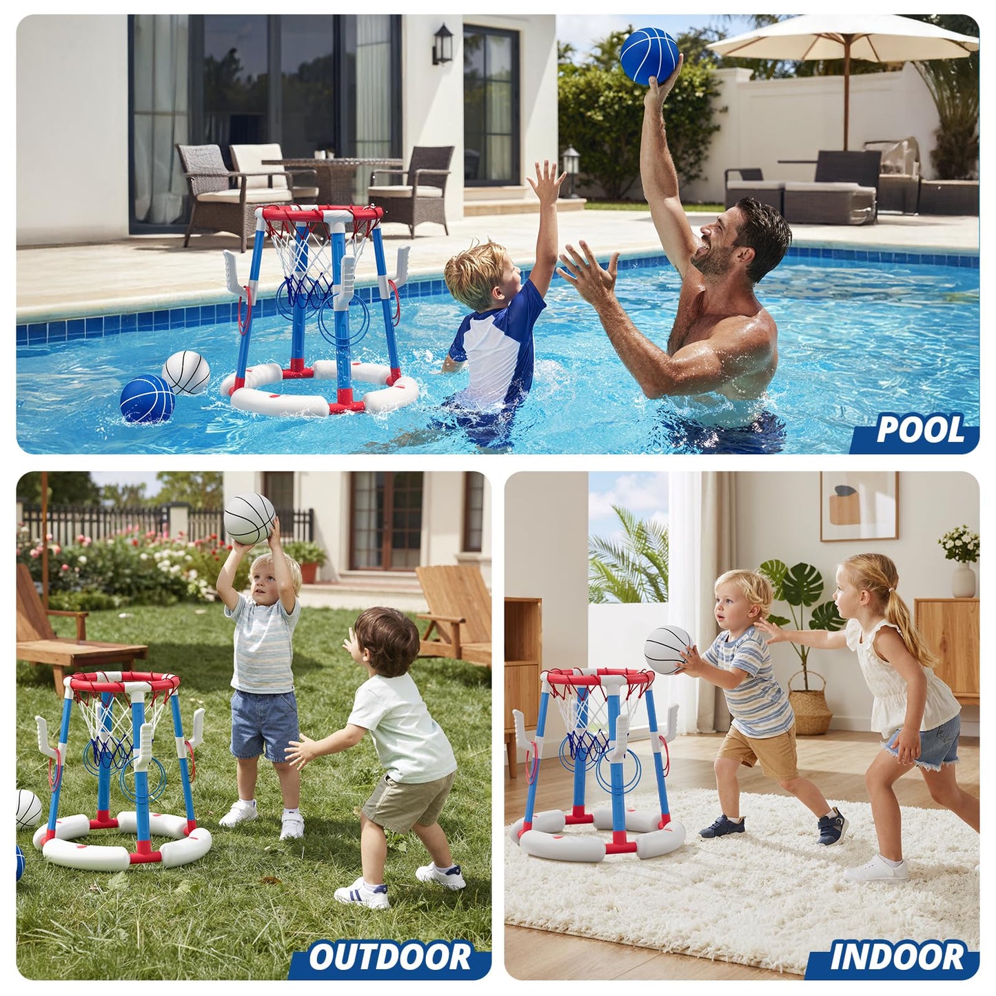 2-in-1 Pool Basketball Hoop & Ring Toss Game, Floating Pool Toys for Kids
