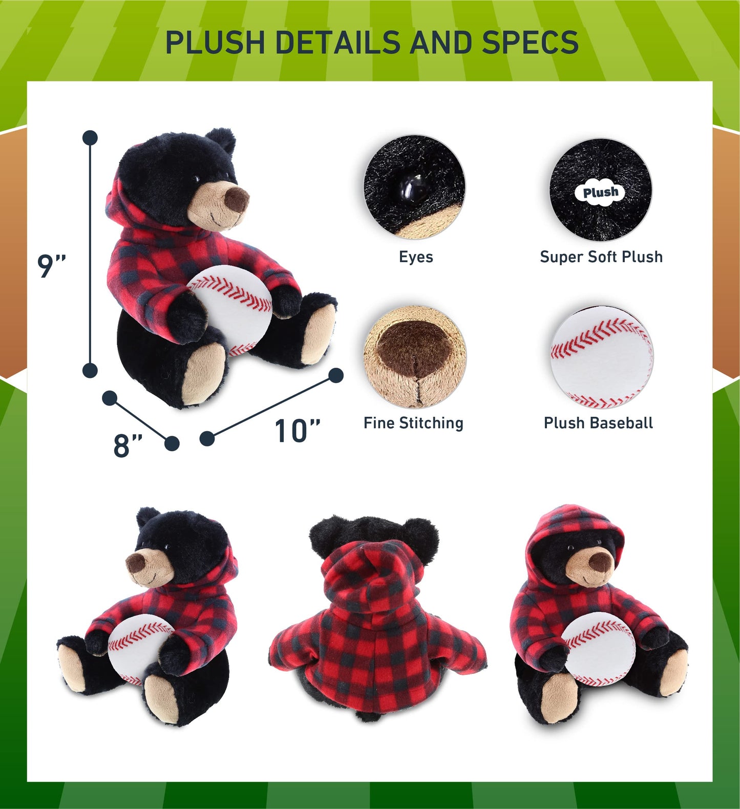 DolliBu Black Bear with Baseball Plush with Red Plaid Hoodie - Soft Huggable Bear, Playtime Teddy Bear Plush Toy, Baseball Plush Stuffed Animal Toy