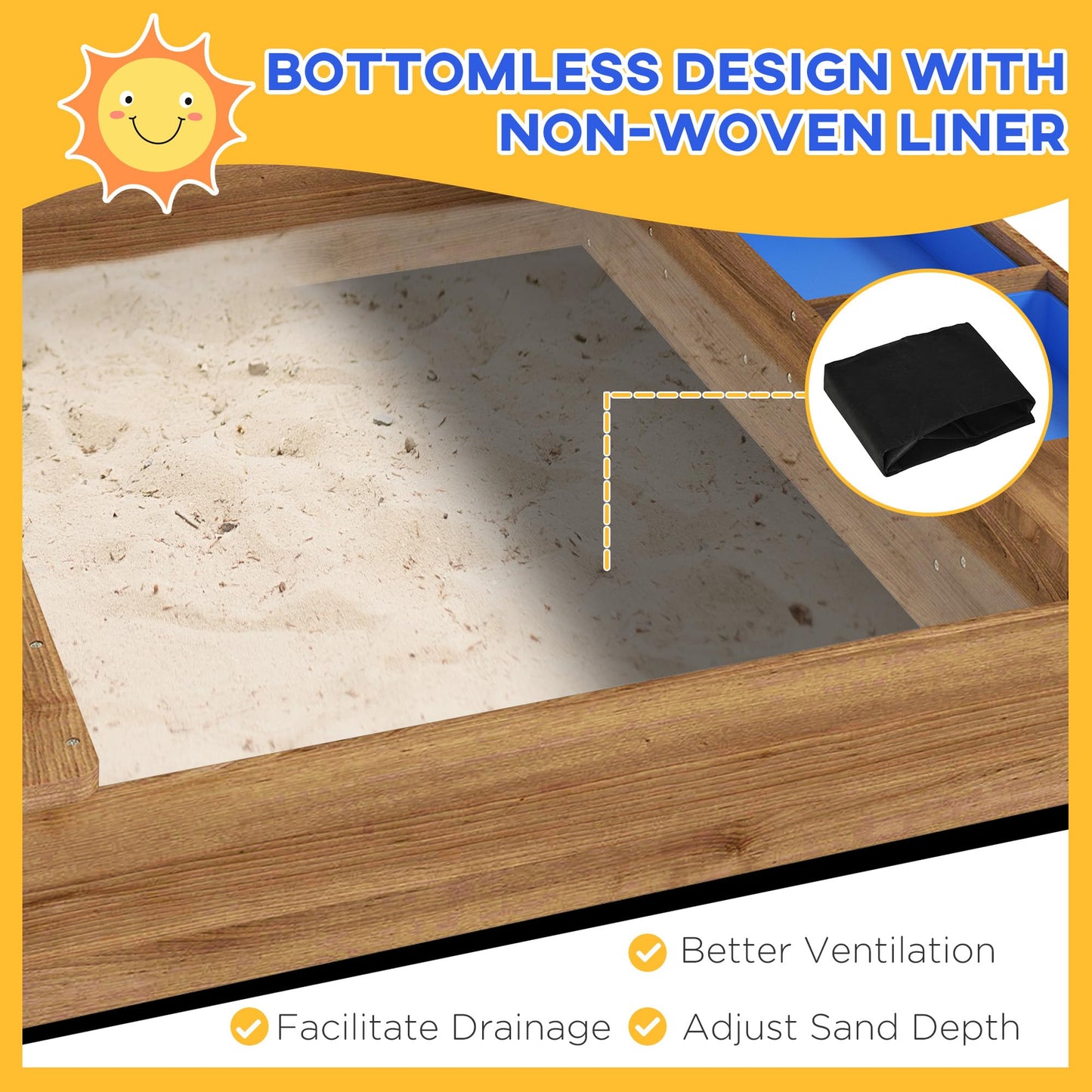 Outsunny Wooden Sandbox with Canopy for 3-7 Years Old 49"x46"x57.5" Brown