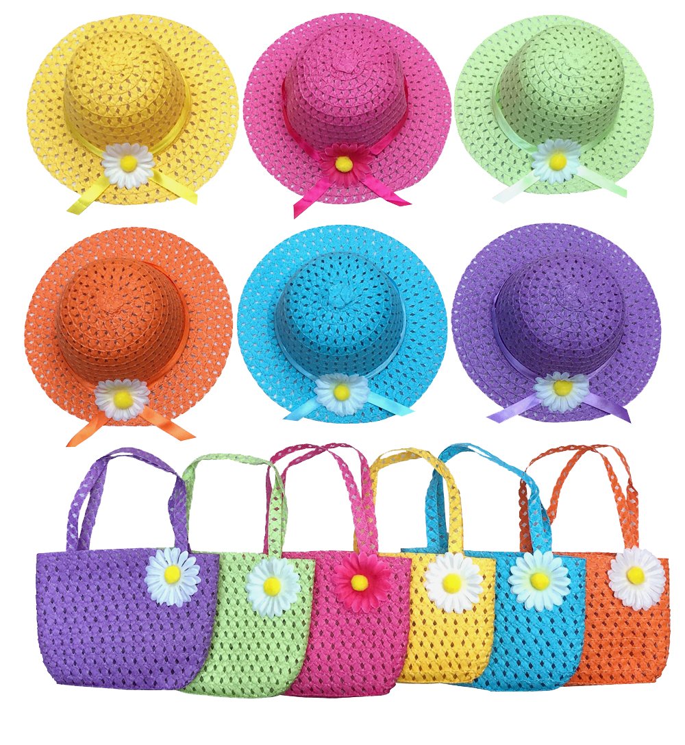 Girls Tea Party Hats and Purse for Kids Child Babe Little Playtime Birthdays Easter Party Supplies Accessories, Includes 6 Purses and 6 Daisy Flower