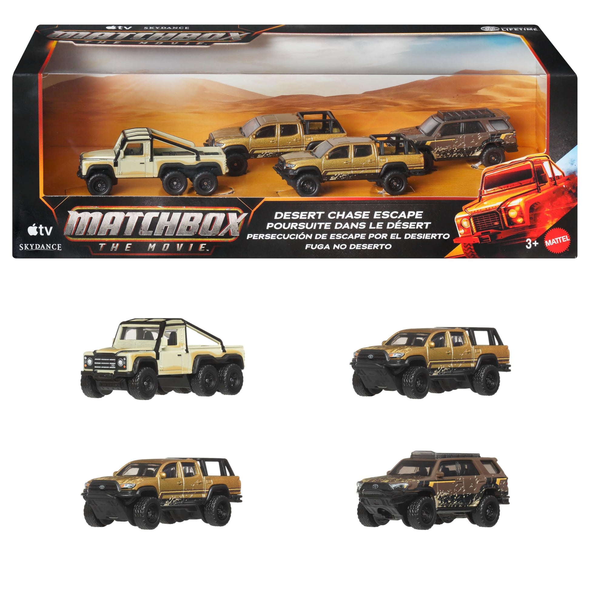Matchbox Toy Cars, Desert Chase Escape 4-Pack of 1:64 Scale Die-Cast SUVs from the Movie, Includes Toyota 4Runner with Exclusive Deco, Collectible Set