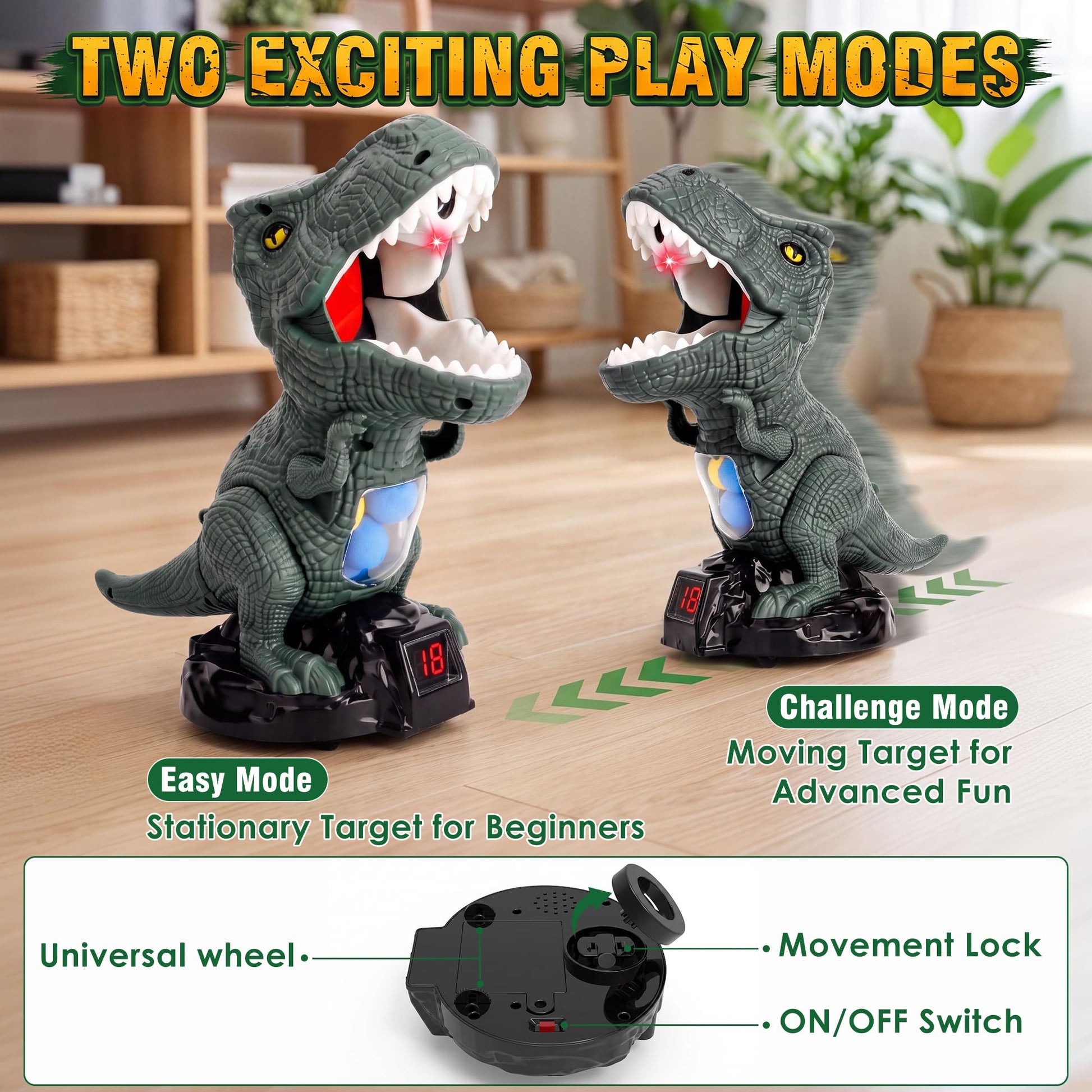 Dinosaur Shooting Toys for Kids 3-5 5-7, Moving T-Rex Target Shooting Game with 2 Air Pump Launchers, 48 Foam Balls, Interactive Competition Game