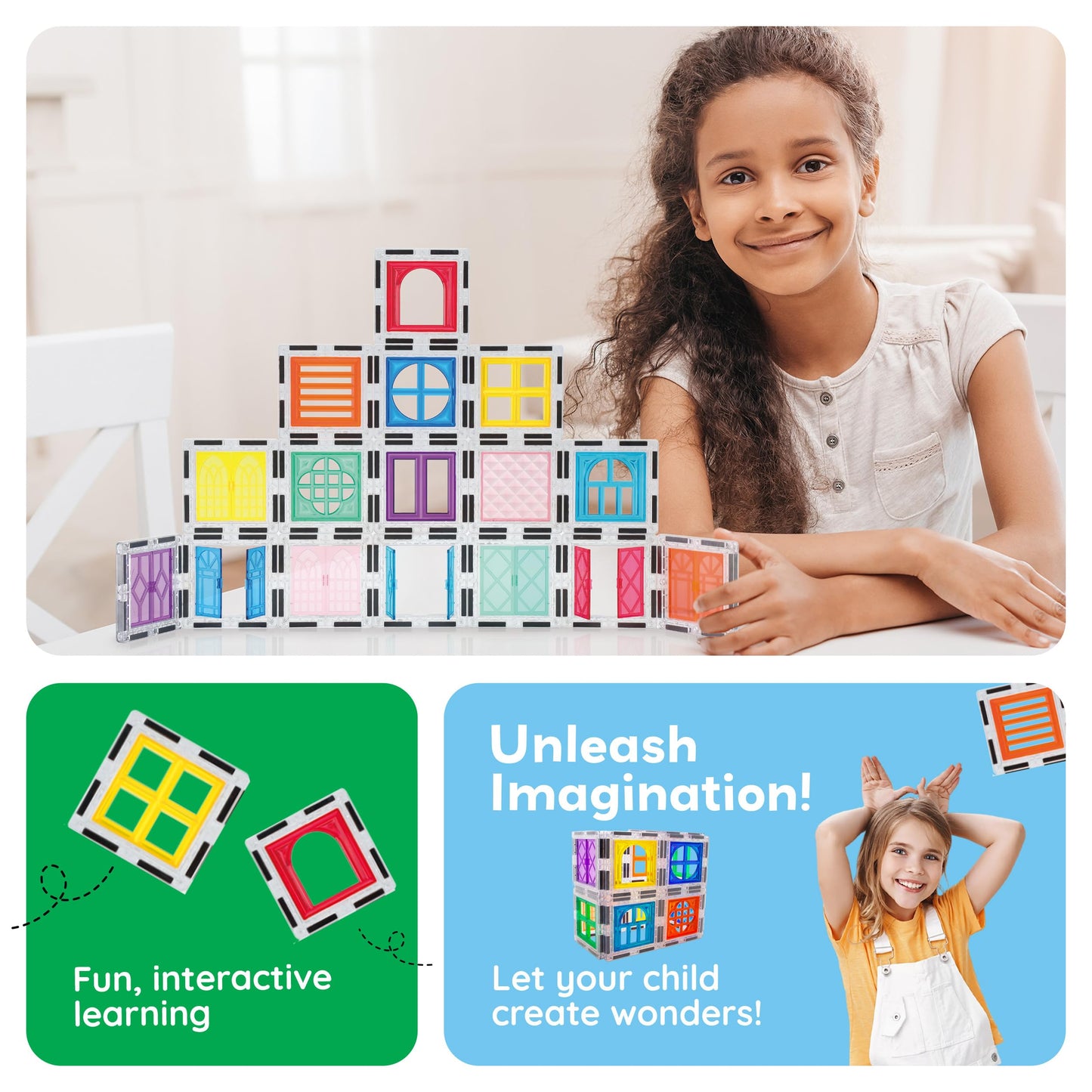 PicassoTiles 40pcs Magnetic Tiles Clip-in Window and Door Expansion Set, Magnetic Block Add-ons, Magnet Building Construction Toys, STEM Education