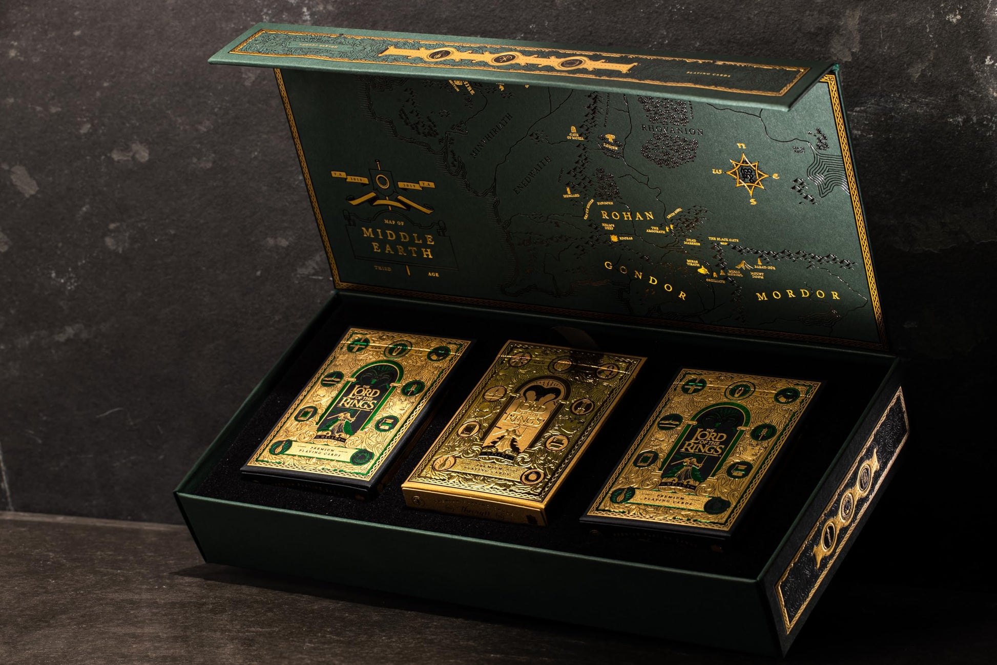 theory11 Lord of the Rings Playing Card Box Set - 4 Decks with Standard & Gold Foil Editions, Middle Earth Map Box, Movie Theme Poker Cards for Magic