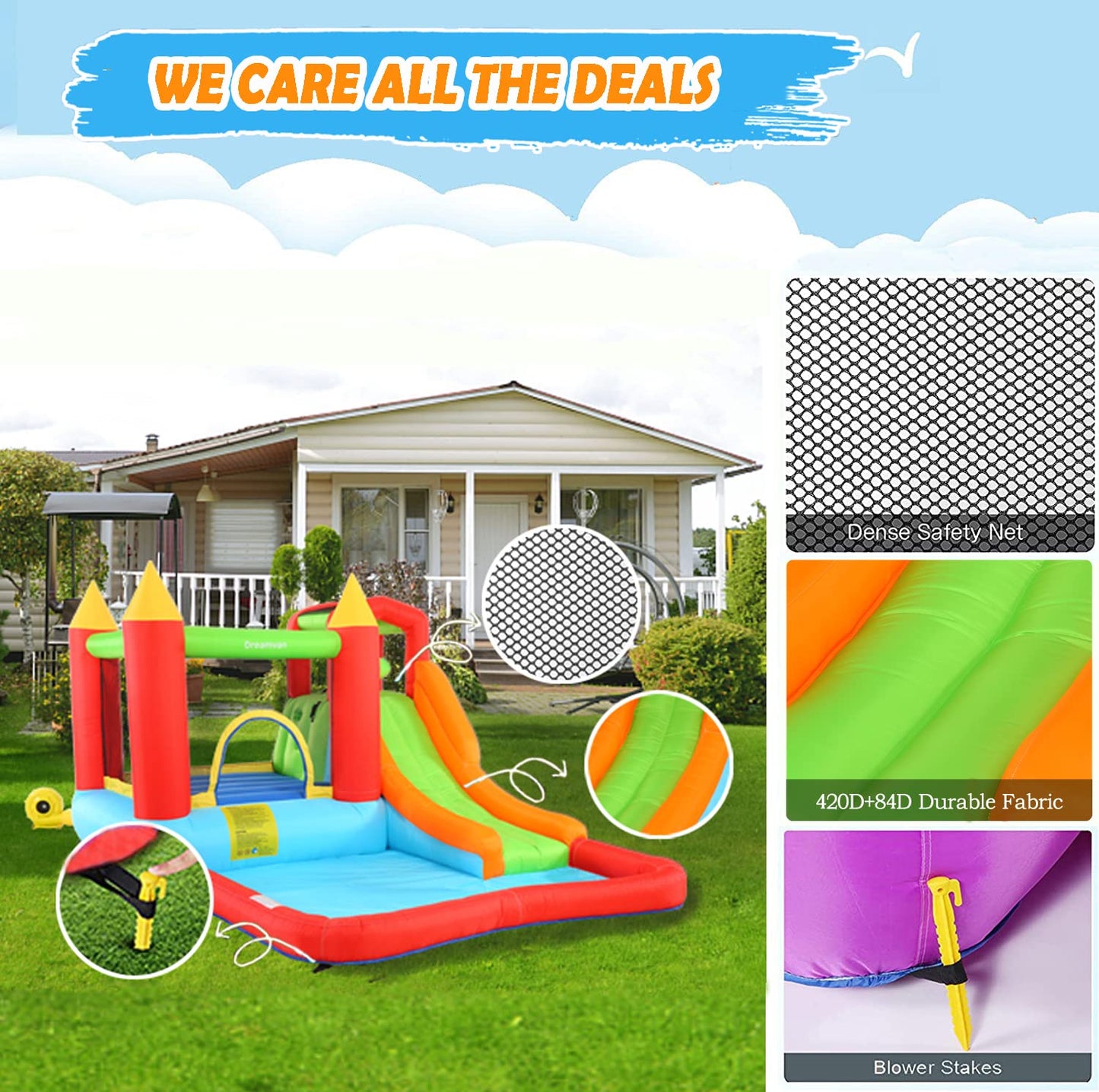 HYPOAI Bounce House,Inflatable Bounce Castle with Blower for Kids 3-12,Outdoor/Indoor Bouncy House Water Park for Backyard with Splash Slide,Climbing