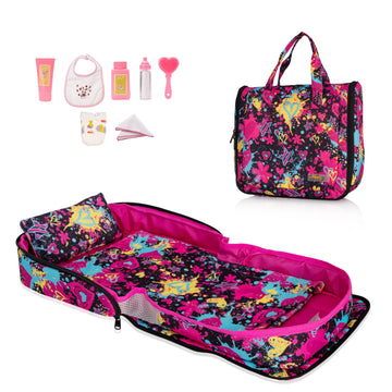 HappyVk - Baby Doll Bed - Portable Doll Bassinet - for Dolls up to 21 inches - Handbag for Girl - Baby Doll Set - Graffiti Design