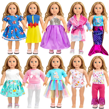 WONDOLL 18-inch Doll Clothes and Accessories - 10 Sets Compatible with 18-inch-Dolls Outfits Christmas Birthday Gift for Little Girls