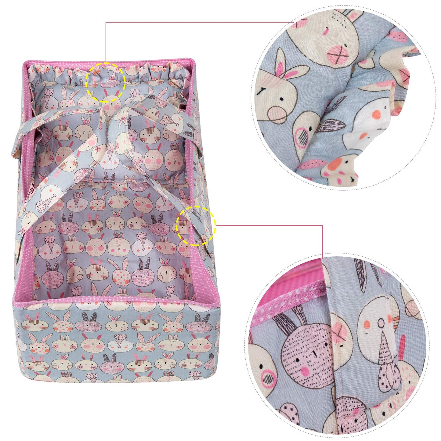 Rakki Dolli Doll Carry Cot Set, Soft 3PC Set Includes Cot, Mattress and Pillow, Blue Rabbit Doll Bassinet, Fits for 14-16 Inch American Girl Dolls