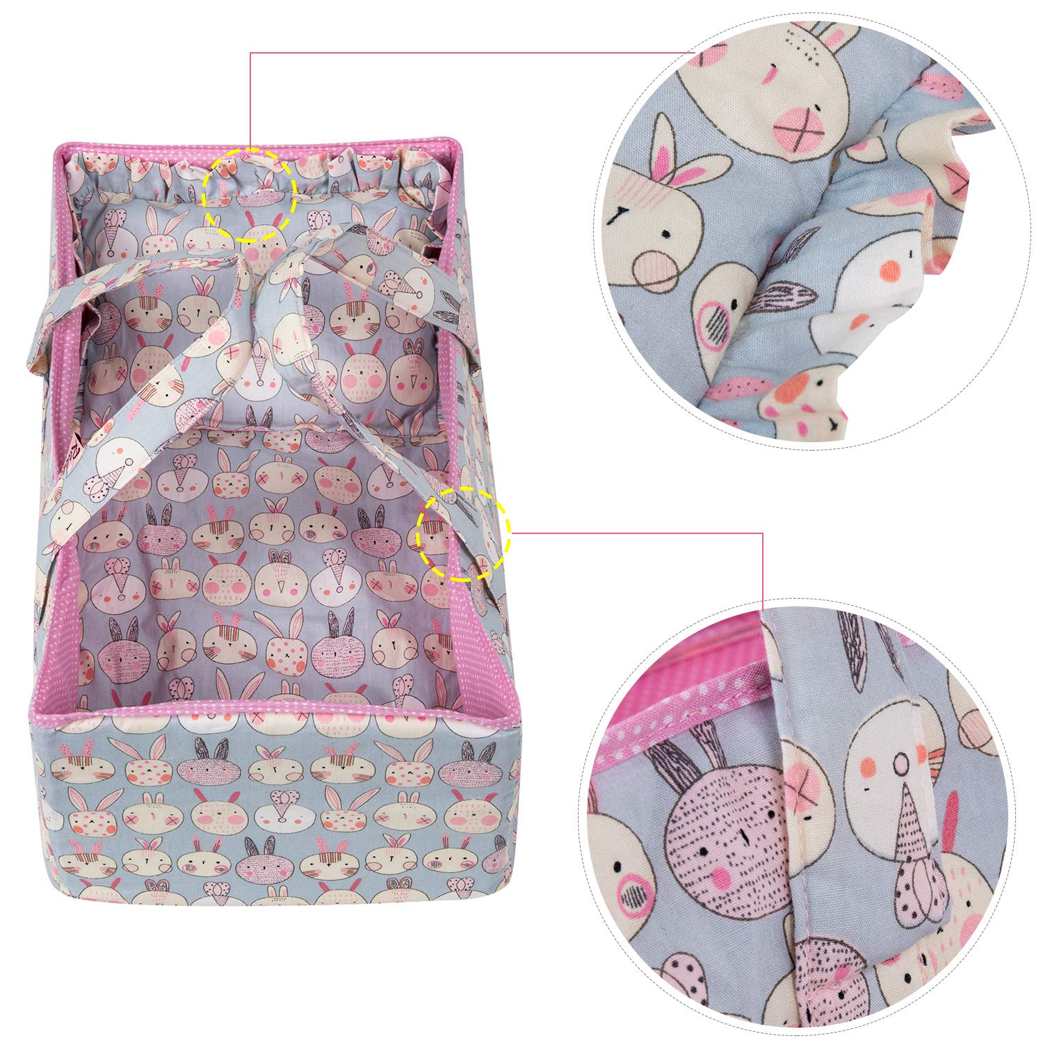 Rakki Dolli Doll Carry Cot Set, Soft 3PC Set Includes Cot, Mattress and Pillow, Blue Rabbit Doll Bassinet, Fits for 14-16 Inch American Girl Dolls