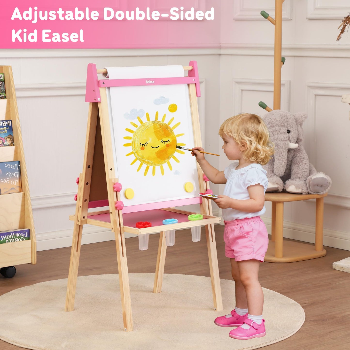 Belleur Wooden Art Easel for Kids 2+, Adjustable Double Sided Easel for Toddlers with Dry-Erase Board & Magnetic Whiteboard & Paper Roll Rod, 28"-40"