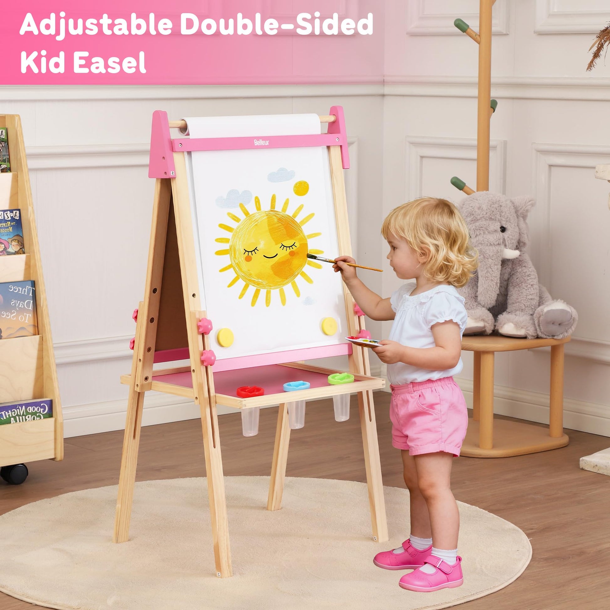 Belleur Wooden Art Easel for Kids 2+, Adjustable Double Sided Easel for Toddlers with Dry-Erase Board & Magnetic Whiteboard & Paper Roll Rod, 28"-40"