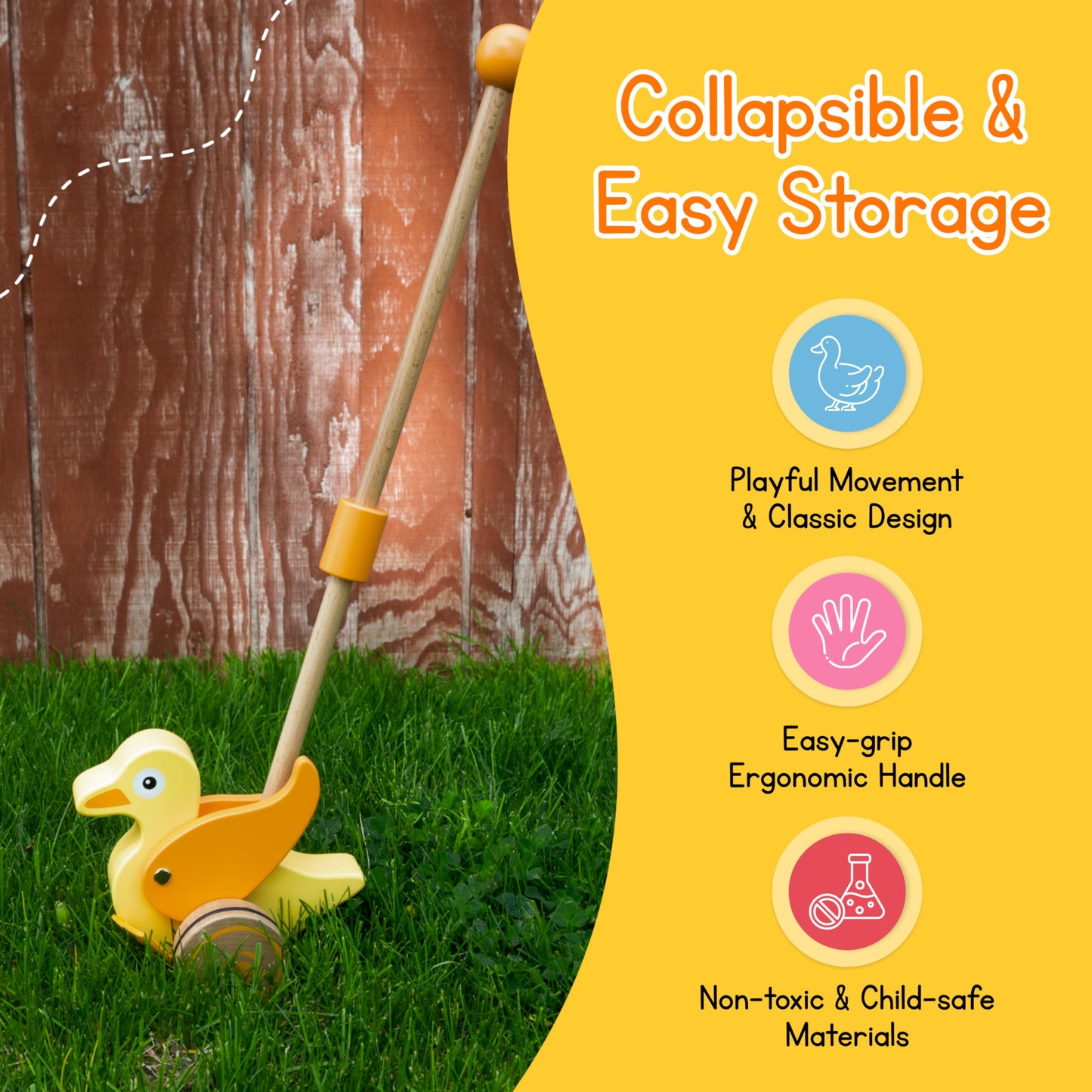 Wooden Duck Push Toy by Jack Rabbit Creations- Classic Toddler Push Toy for Early Walking, Balance and Motor Skills Development- Collapsible