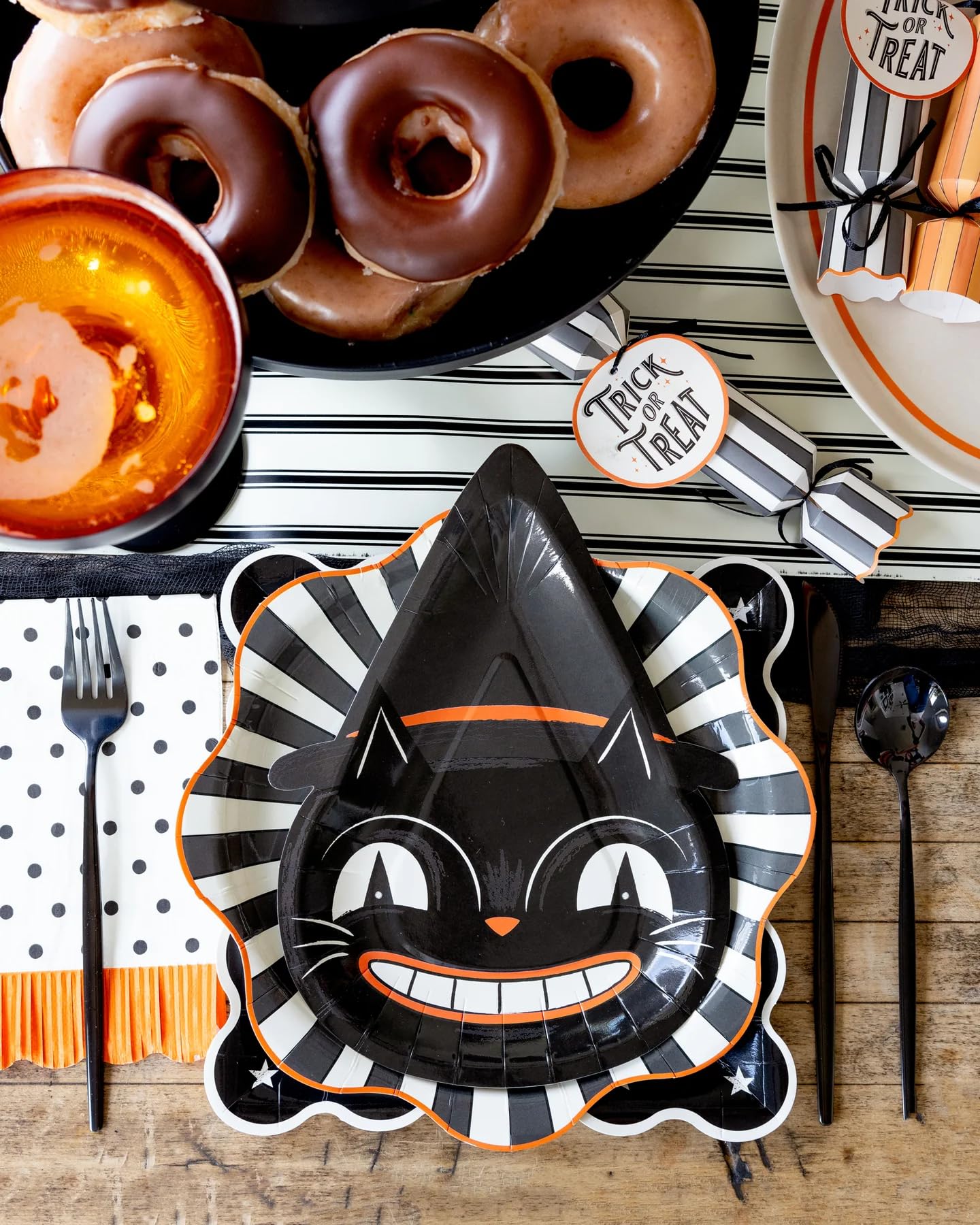 Black Polka Dot Napkins with Orange Fringe - 24 Paper Napkins, 4.25" x 7.75", Scalloped Edges, Ideal for Halloween Party & Kids Birthday Celebration