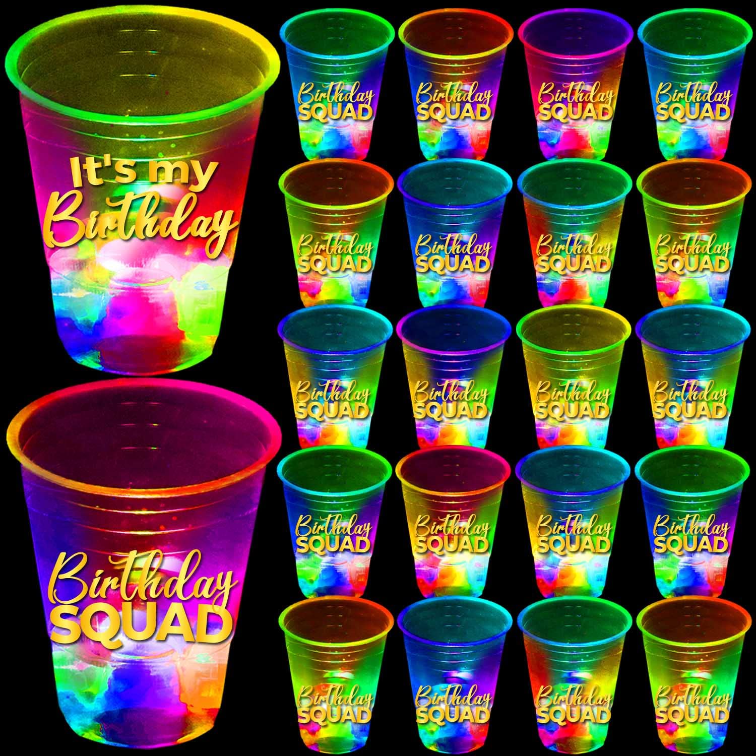 mishunyus 24 Pack Glow Birthday Squad Cups 16oz - Reusable Light Up Party Cups for Adult Birthdays 21st, 30th, 40th, 50th, 60th Theme Decorations