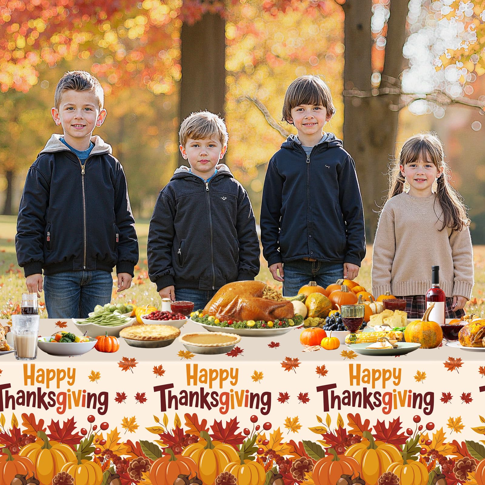 3 Pcs Happy Thanksgiving Tablecloths - Disposable Rectangle Fall Tablecloth, Plastic Pumpkin Table Cloth Maple Leaves Table Cover for Autumn