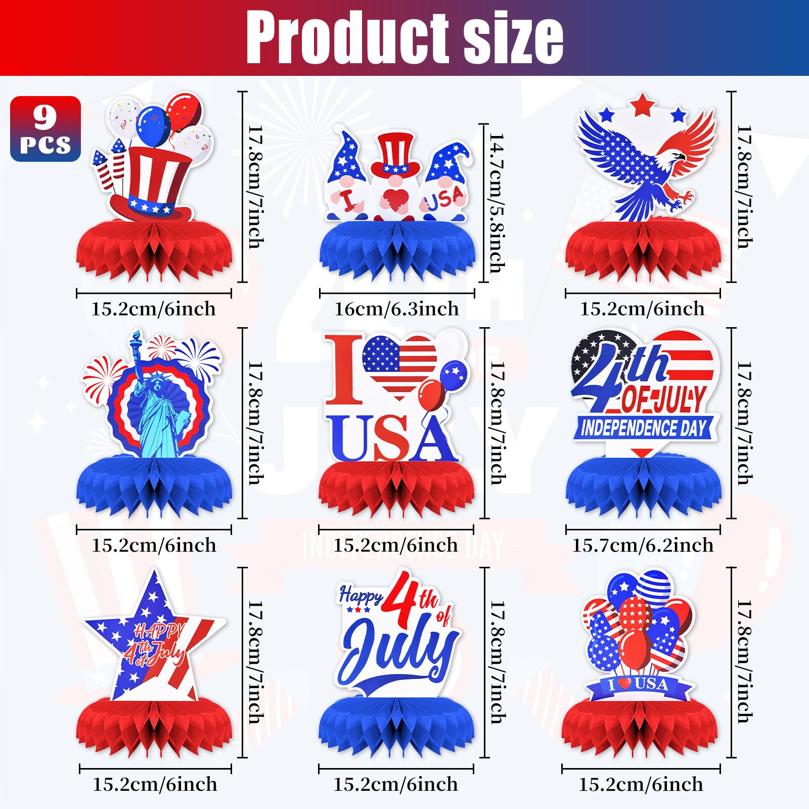 9 Pieces 4th of July Honeycomb Centerpieces - Red Blue Patriotic Independence Day Table Decorations for USA Party, Memorial Day, Veterans Day, July