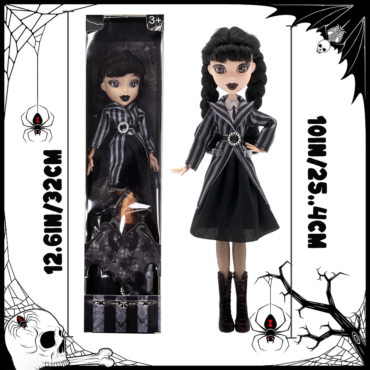 DANONI Addams Toys,Long Sleeve Dots Dress,Red Lips,Black High Heels and Black Hair,Made to Move Addams Dolls,Birthday Idea Gifts (Striped Doll +