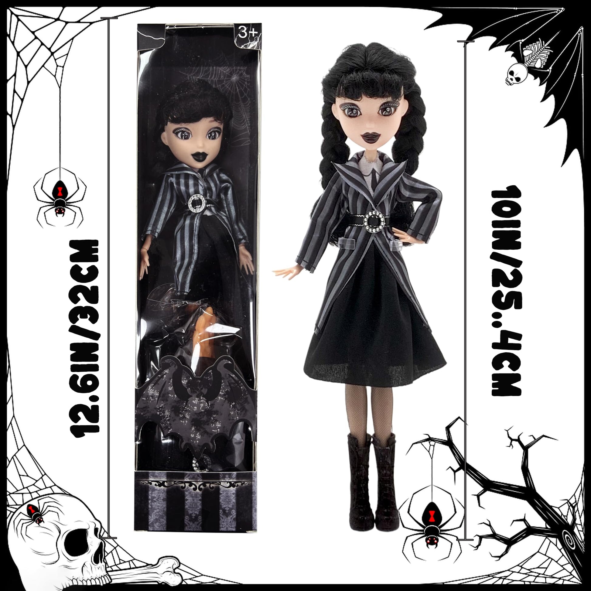 DANONI Addams Toys,Long Sleeve Dots Dress,Red Lips,Black High Heels and Black Hair,Made to Move Addams Dolls,Birthday Idea Gifts (Striped Doll +