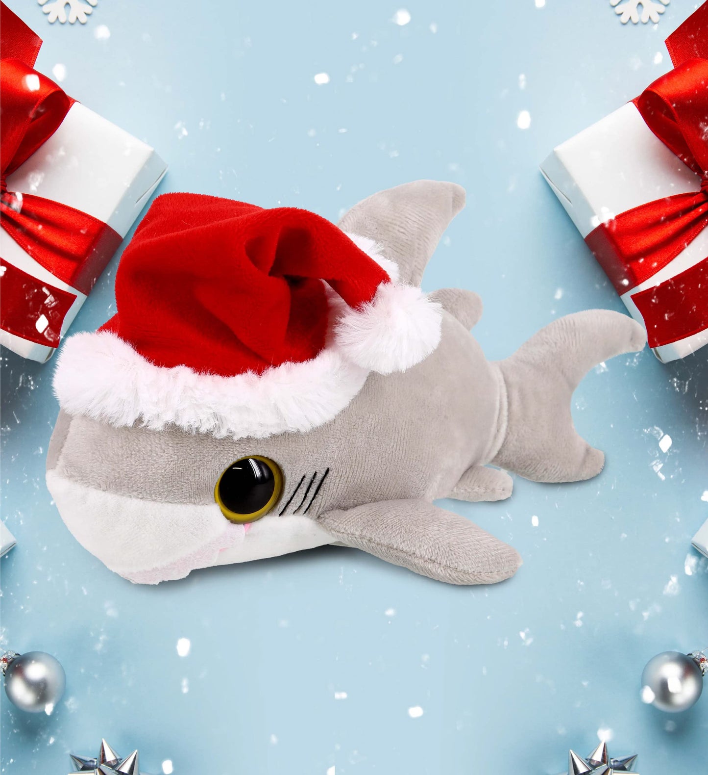 DolliBu Santa Big Eye Shark Stuffed Animal Plush Toy - Soft Ocean Life Animal Dress Up with Red Santa Claus Outfit, with Name Personalization - 6 Inch