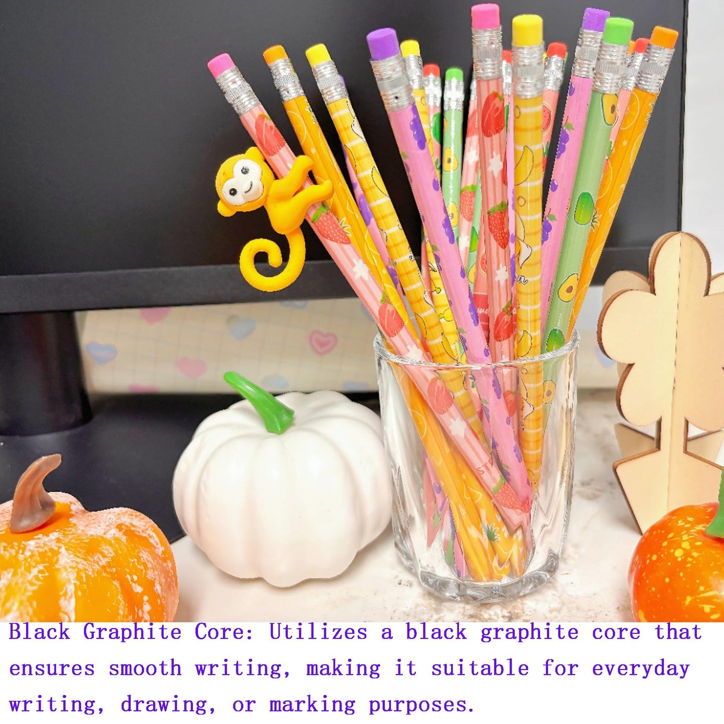 Jsehchya 72PCS Corlorful Wooden cased Pencils for Kids with Erasers, Wood Wedding Golf for School,Drawing,Gift (72PCS) (Fruit, 72)