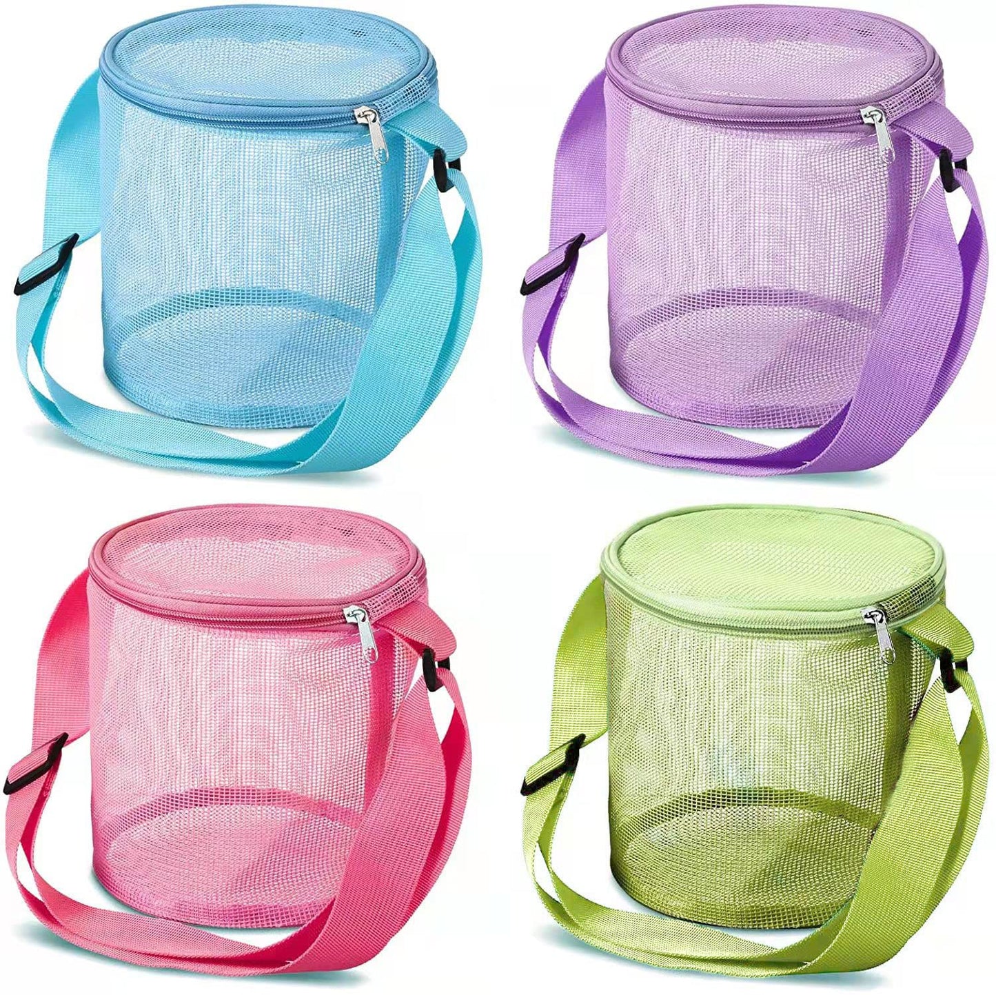 CDLV 4 Pack Beach Bags for Kids, Beach Mesh Shell Bag with Adjustable Straps and Zipper for Picking Up Shells Beach Toys
