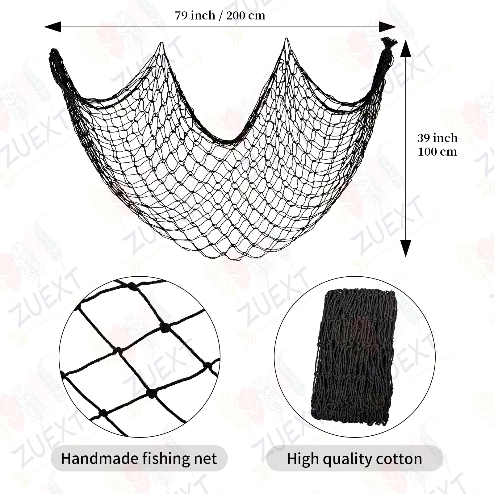 ZUEXT Decorative Fishing Net 80x40 Inch, 2 Pack Large Black Picture Fish Net, Wall Photo Hanging Fishnet for Nautical Mermaid Pirate Ocean Themed