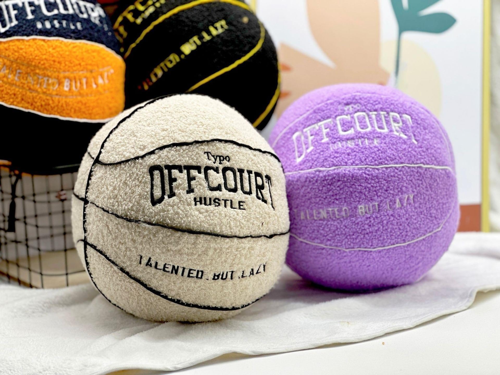 Tezimjia 2023 New Offcourt Basketball Pillow, 11" Basketball Shaped Teddy Fleece Embroidered Throw Pillow Fuzzy Plush Toy Gifts for Kids Boys Girls