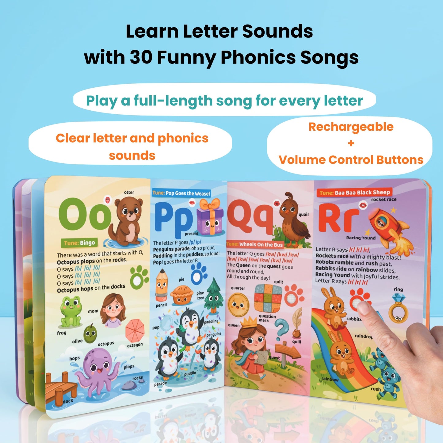 GO GO 30 Funny Phonics Songs Sound Book, A-Z Letter Sound Songs, USB-C Rechargeable, Preschool & Kindergarten Learn to Read for 3 Year olds, Perfect