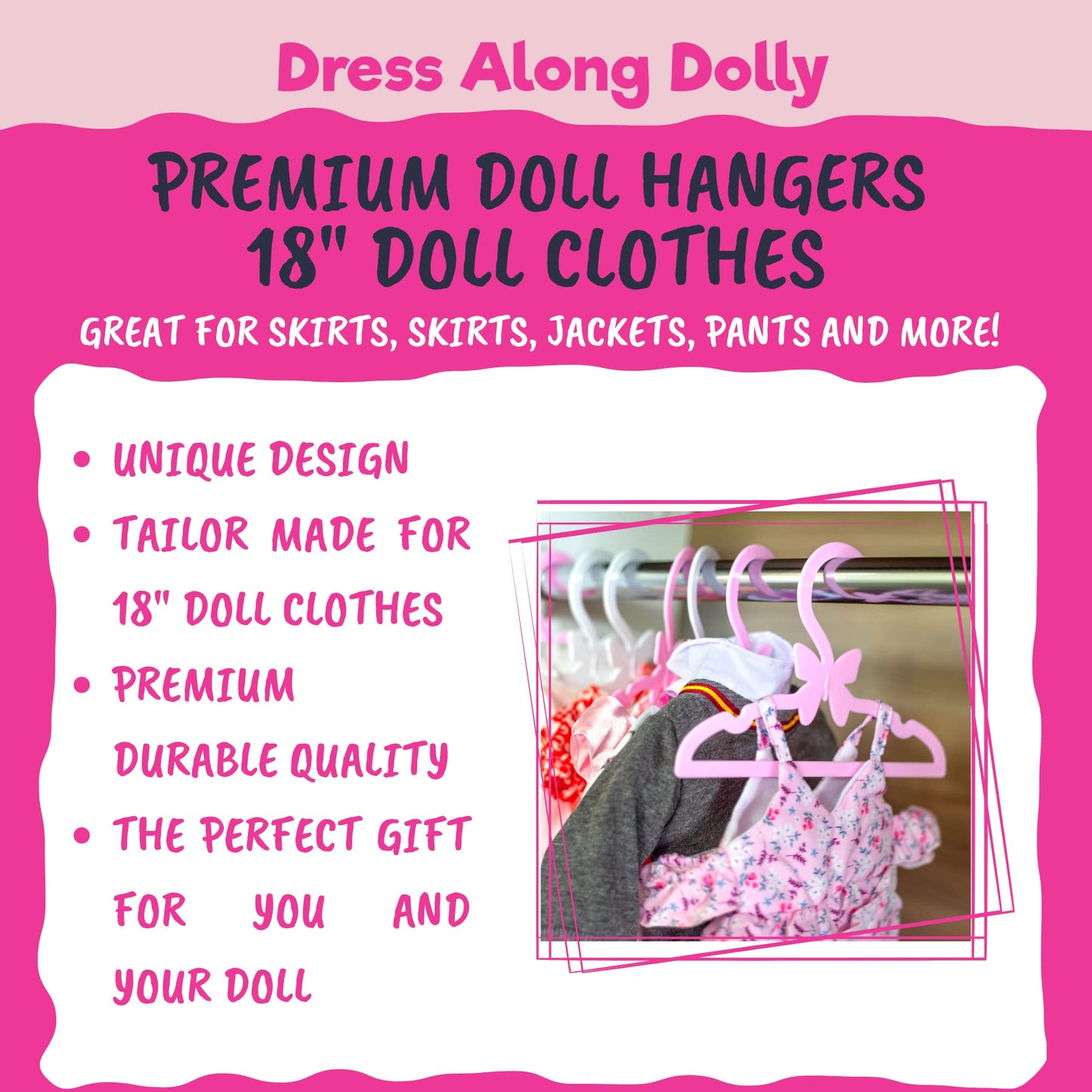 Doll Clothes Hangers for 18" Dolls -Set of 12 White Butterfly Hangers- Unique Design Compatible w American Girl Outfit Accessory Coat Hangers, Holds