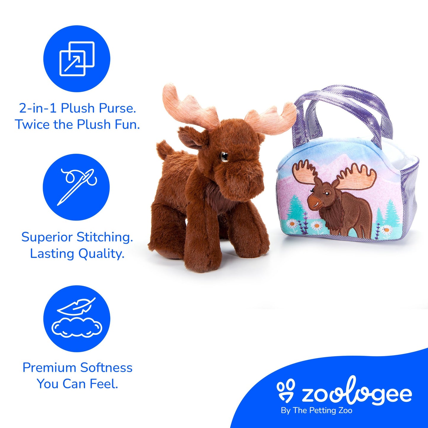 The Petting Zoo Moose Stuffed Animal Plushie and Purse Set, Gifts for Kids, Wildlife Animal Toy, Brown Moose Plush Toy and Purse Pet Carrier