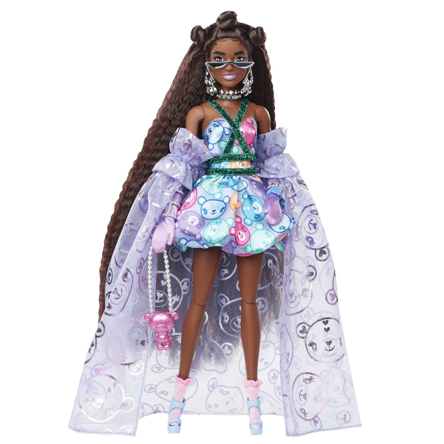 Barbie Extra Fancy Fashion Doll & Accessories Dressed in a Teddy-Print Gown with Sheer Train, Plus Teddy Bear Pet